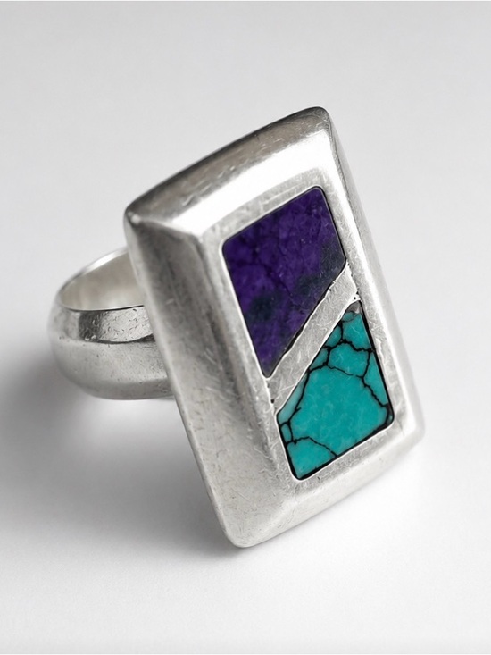 Jewelry - Zuni Sterling Silver Turquoise Purple Sugilite Inlay Rectangle Statement Ring 6
